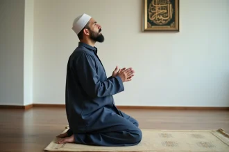 Homme musulman en prière sur un tapis de prière dans une salle de prière à Nantes en hiver