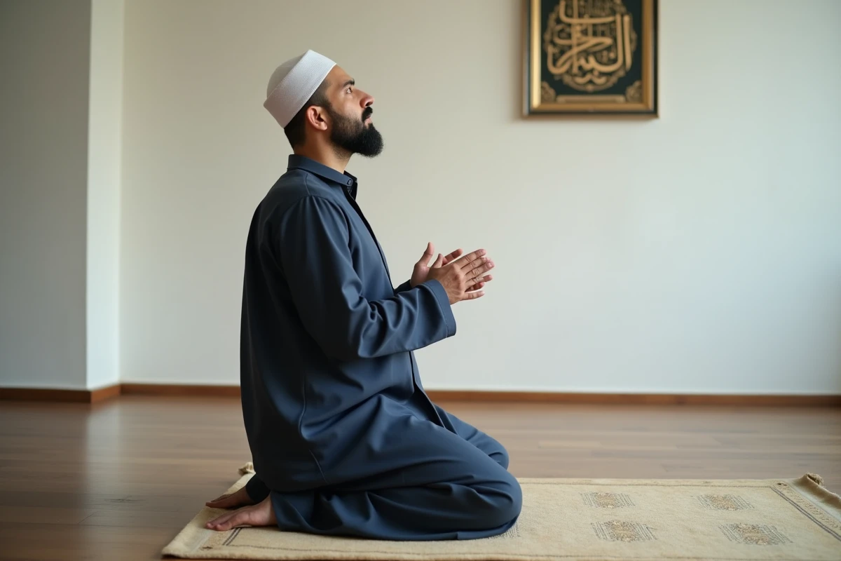 Homme musulman en prière sur un tapis de prière dans une salle de prière à Nantes en hiver