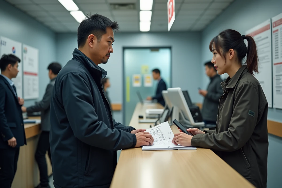 Homme déposant une réclamation pour colis China Post perdu au guichet d'un bureau de poste