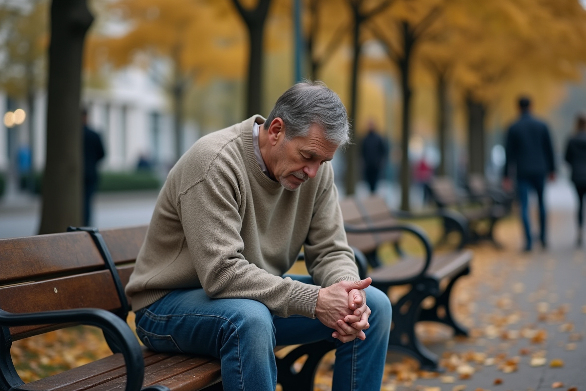 Homme pensif assis sur un banc en automne
