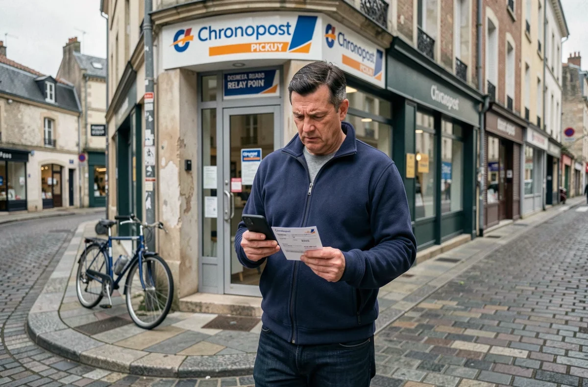 Homme consultant son téléphone devant un point relais Chronopost dans une rue commerçante française