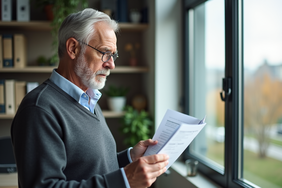Homme âgé vérifiant son relevé de pension dans un bureau