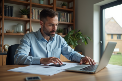 Homme en chemise bleue examine documents immobiliers