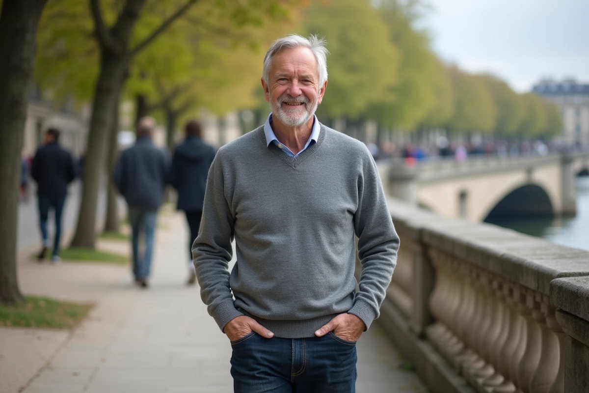 Homme français de 63 ans se promenant le long de la Seine
