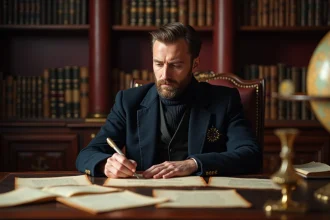 Homme en tenue napoléonienne rédigeant une lettre à la plume sur un bureau ancien style Empire