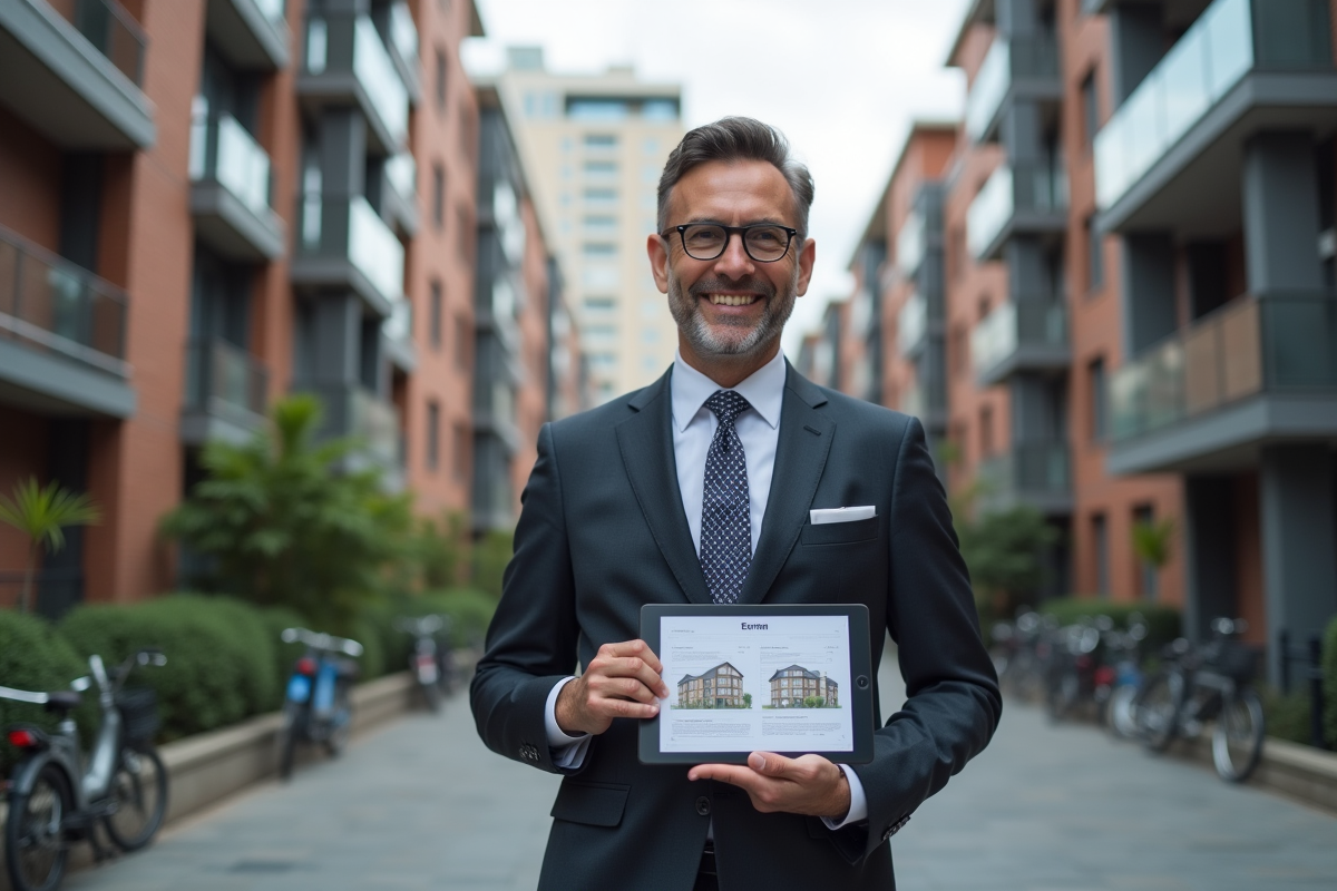 Homme en costume avec tablette devant immeubles modernes en ville