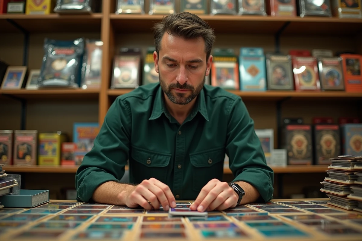 Homme dans une boutique de jeux triant des cartes rares holographiques dans des protège-cartes sur une table de magasin spécialisé