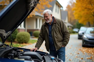 Homme d'âge moyen souriant vérifiant une voiture d'occasion