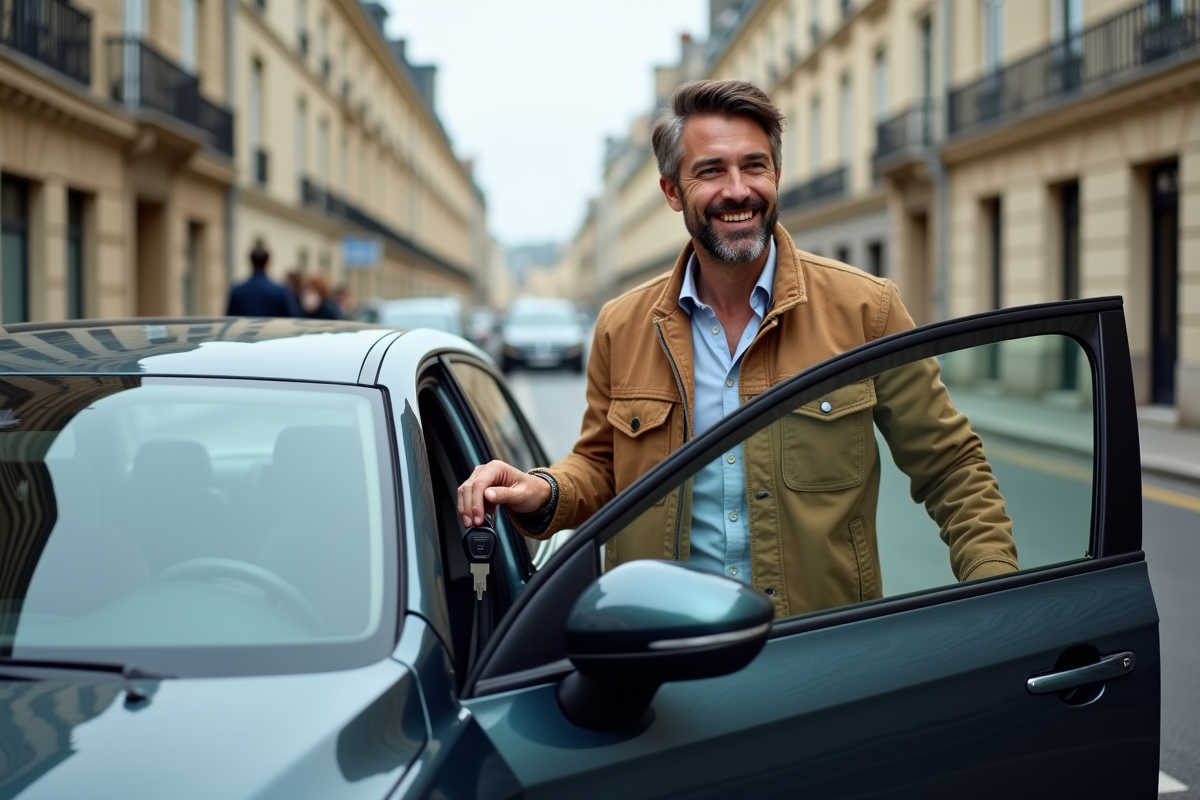 Homme français vérifie sa voiture en ville avec clés à la main