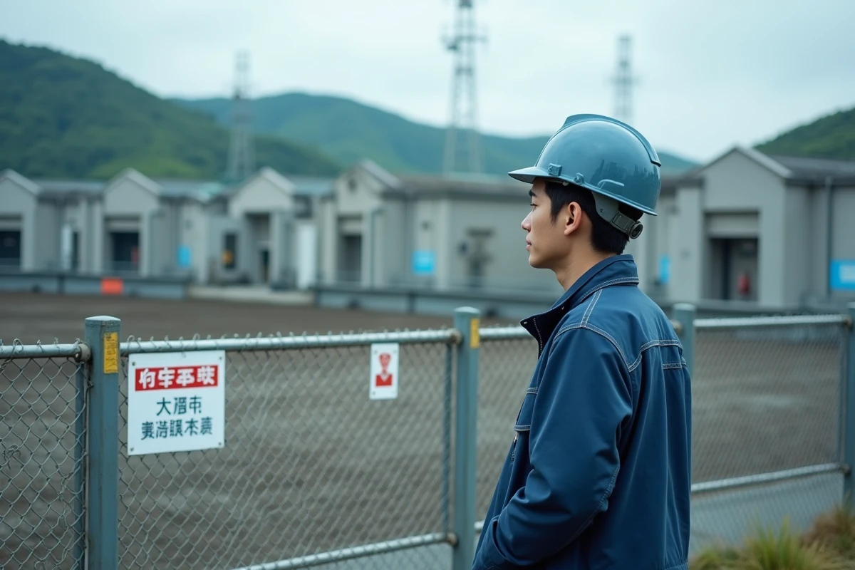 Jeune homme inspectant une centrale nucléaire désaffectee