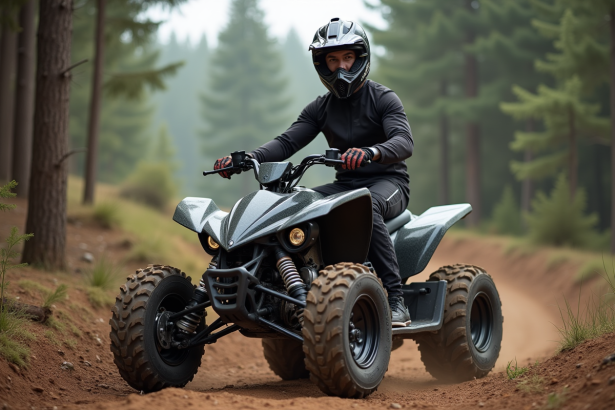 Jeune homme en motocross avec quad en forêt