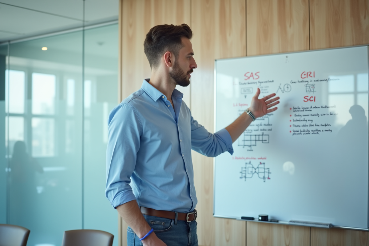 Jeune entrepreneur en discussion avec un tableau blanc rempli de diagrammes
