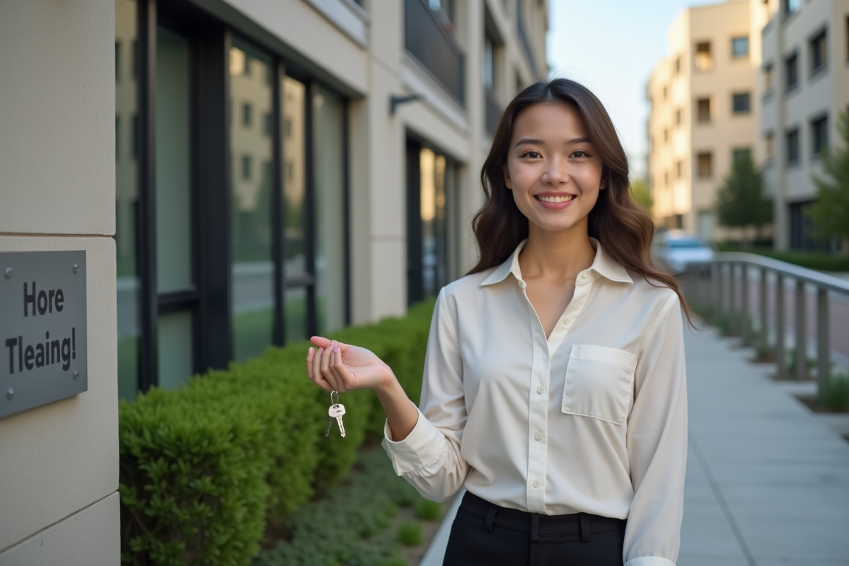 Une jeune femme souriante avec des clés devant un immeuble résidentiel moderne