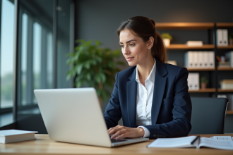 Jeune femme professionnelle consulte une facture digitale dans un bureau moderne