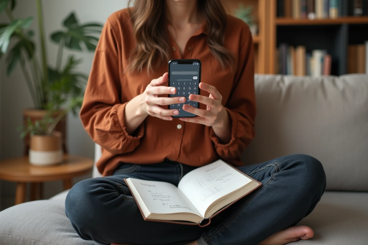 Jeune femme utilisant une application calculatrice de durée entre deux dates sur smartphone avec agenda papier ouvert