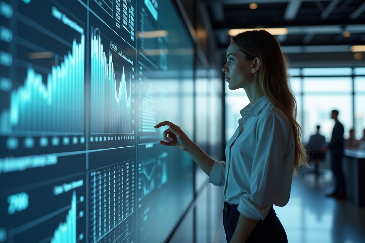 Jeune femme professionnelle pointe une infographie fiscale numérique