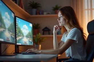 Jeune femme jouant à The Sims 4 sur son ordinateur