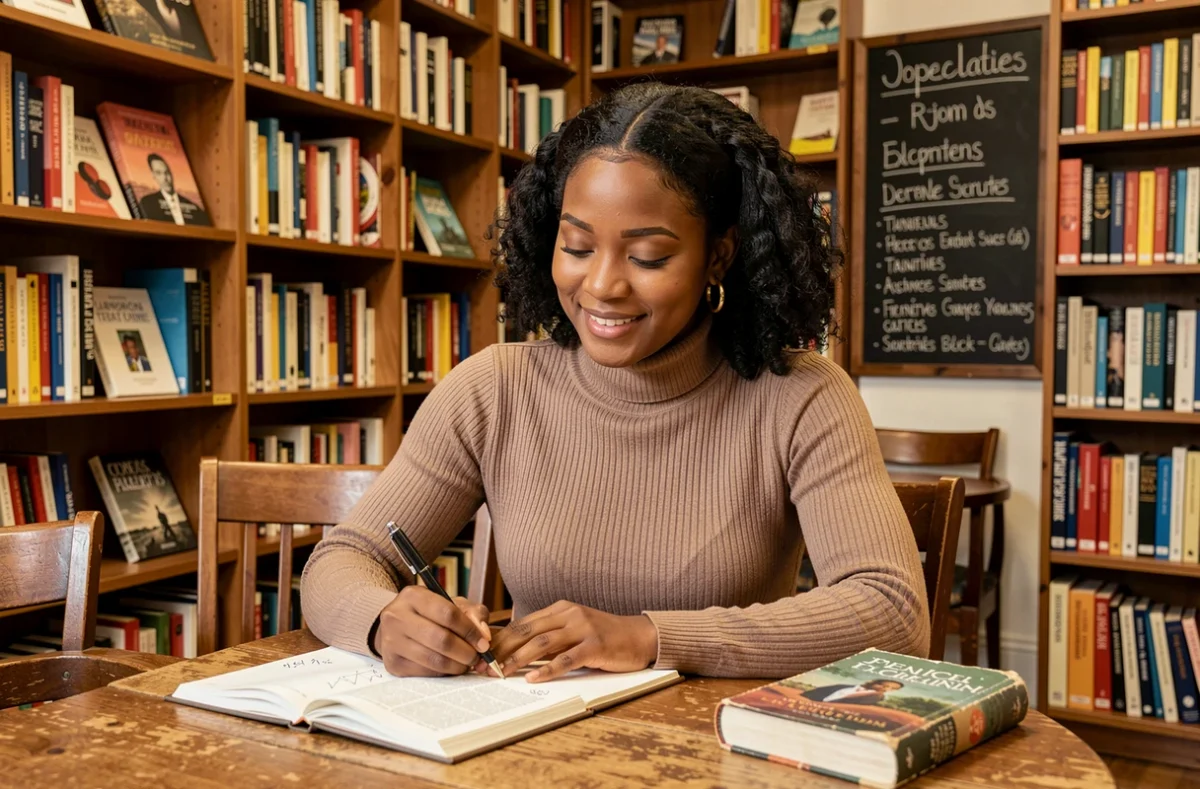 Jeune femme noire prenant des notes dans une librairie indépendante parisienne entourée de livres français