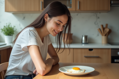 Jeune femme souriante avec œuf au petit déjeuner dans la cuisine