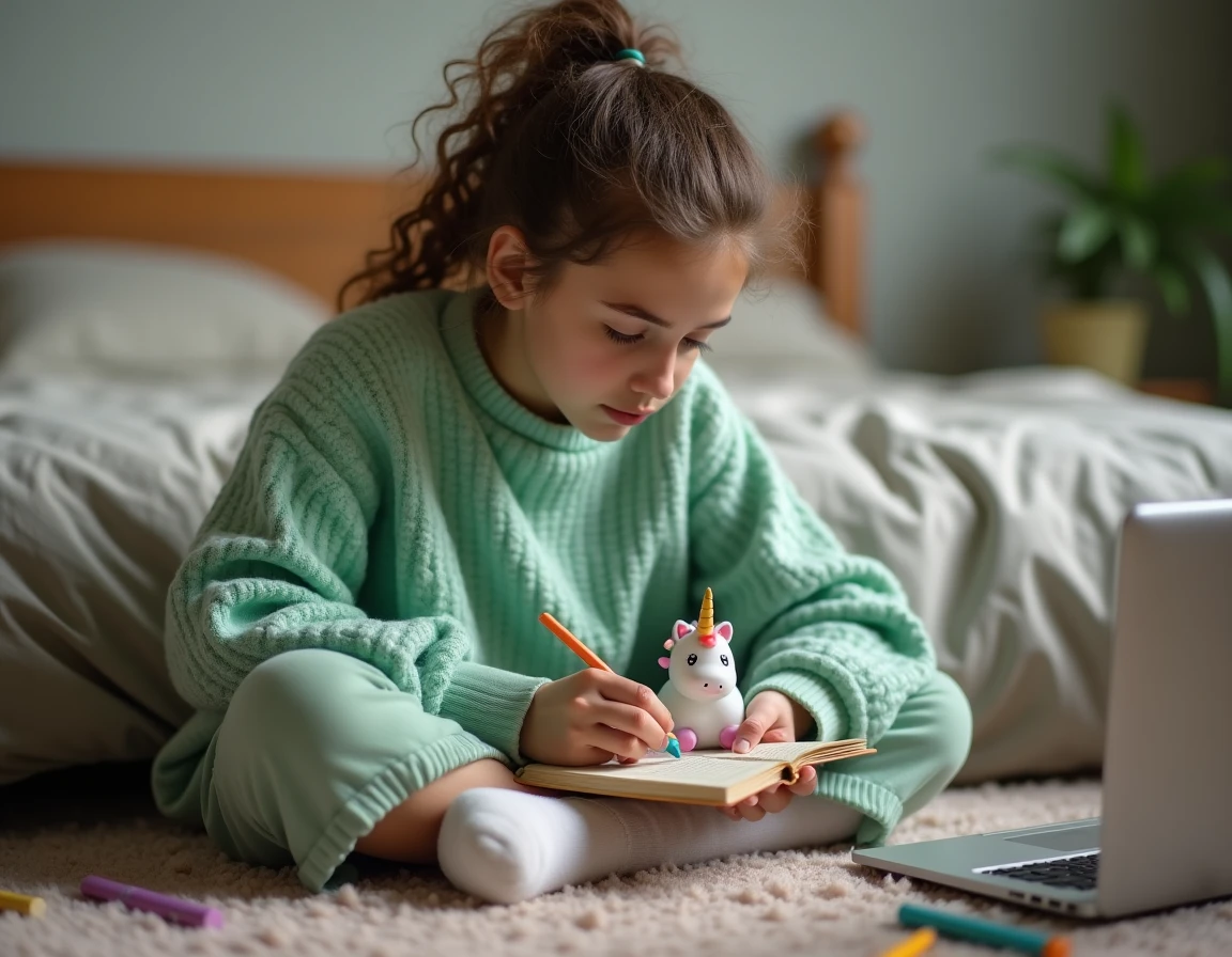 Jeune femme dessinant un modèle de pixel art kawaii licorne dans un cahier à petits carreaux assise sur le sol de sa chambre