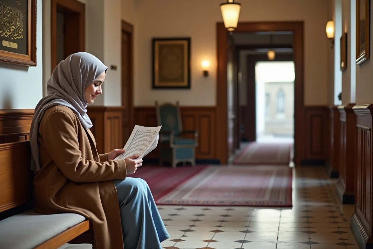 Jeune femme lisant un calendrier de prières dans la mosquee