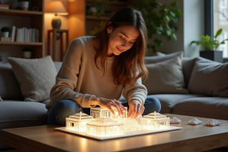 Jeune femme assemble un puzzle 3D lumineux dans un salon cosy