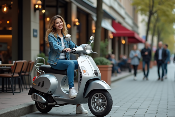 Jeune femme en denim et scooter dans une ville animée