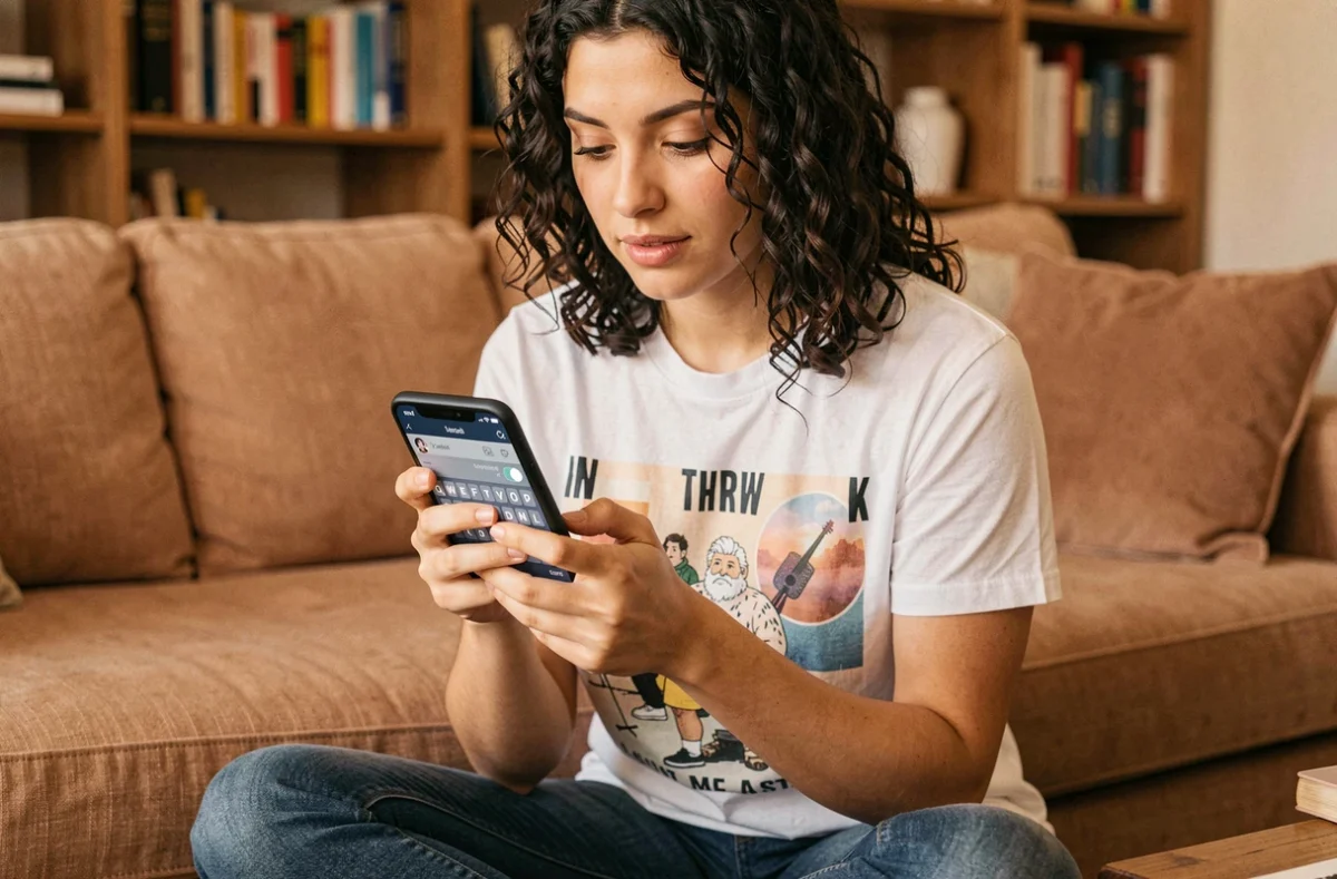 Jeune femme cherchant le symbole environ sur le clavier spécial de son smartphone dans un salon