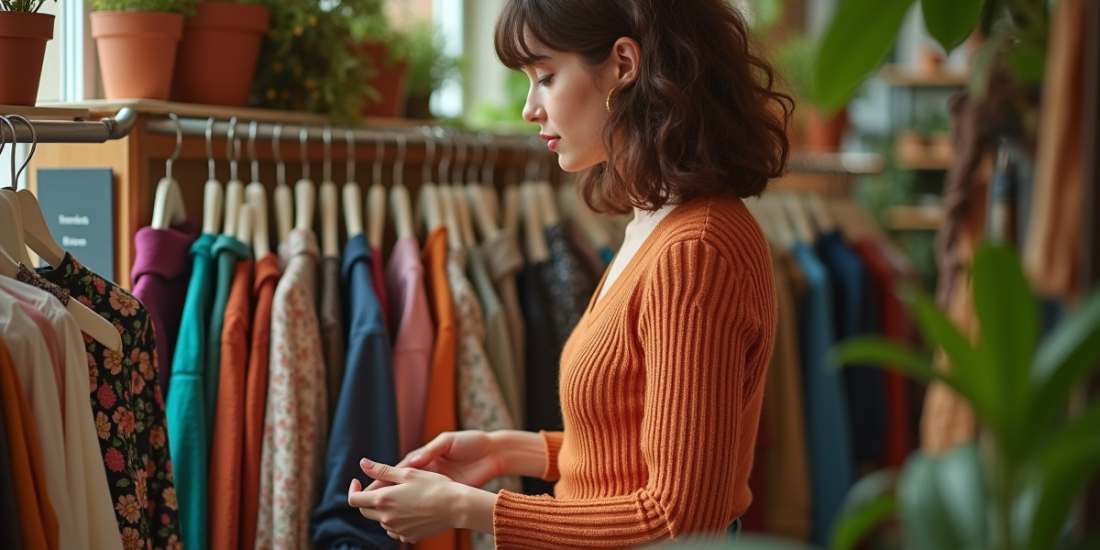 Jeune femme stylée dans une boutique vintage lumineuse