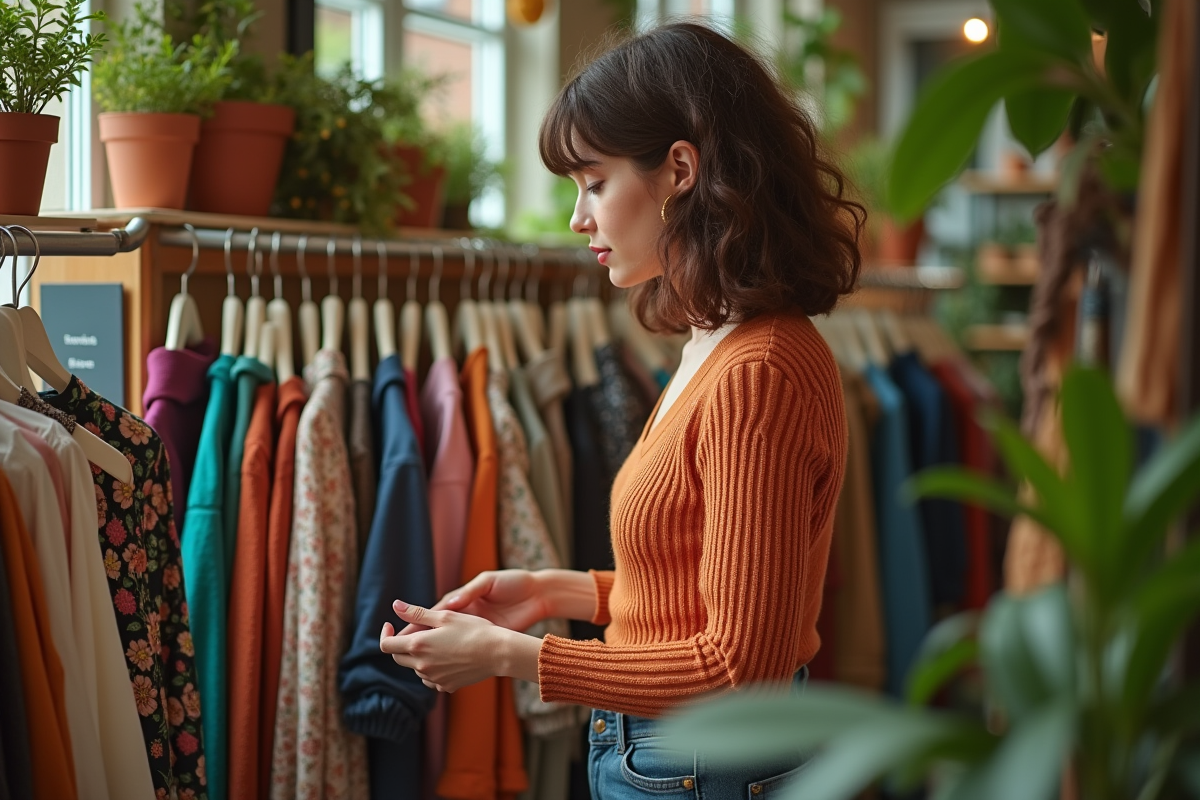 Jeune femme stylée dans une boutique vintage lumineuse