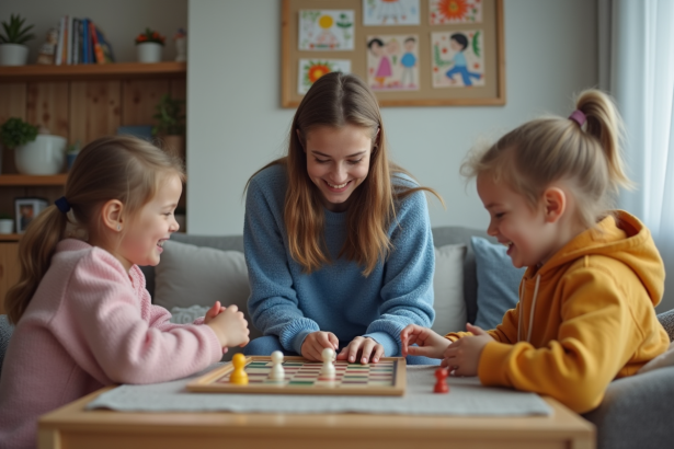 Jeune fille responsable jouant avec des enfants à la maison
