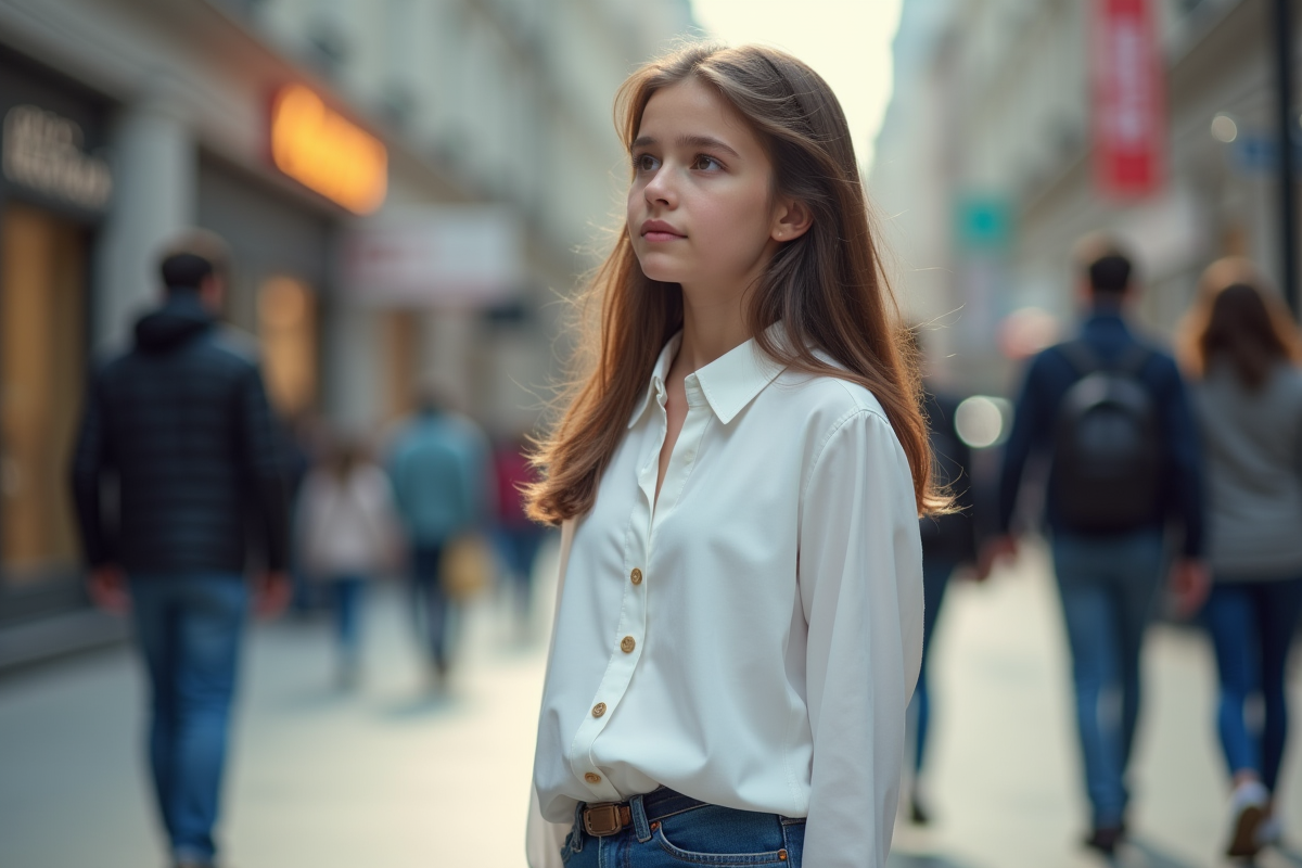 Jeune fille de 16 ans en ville regardant à côté