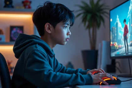 Adolescent concentré jouant à un jeu vidéo dans sa chambre