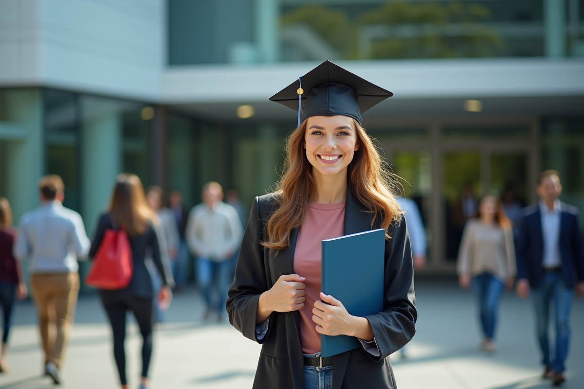 Diplômé souriant devant un bâtiment d