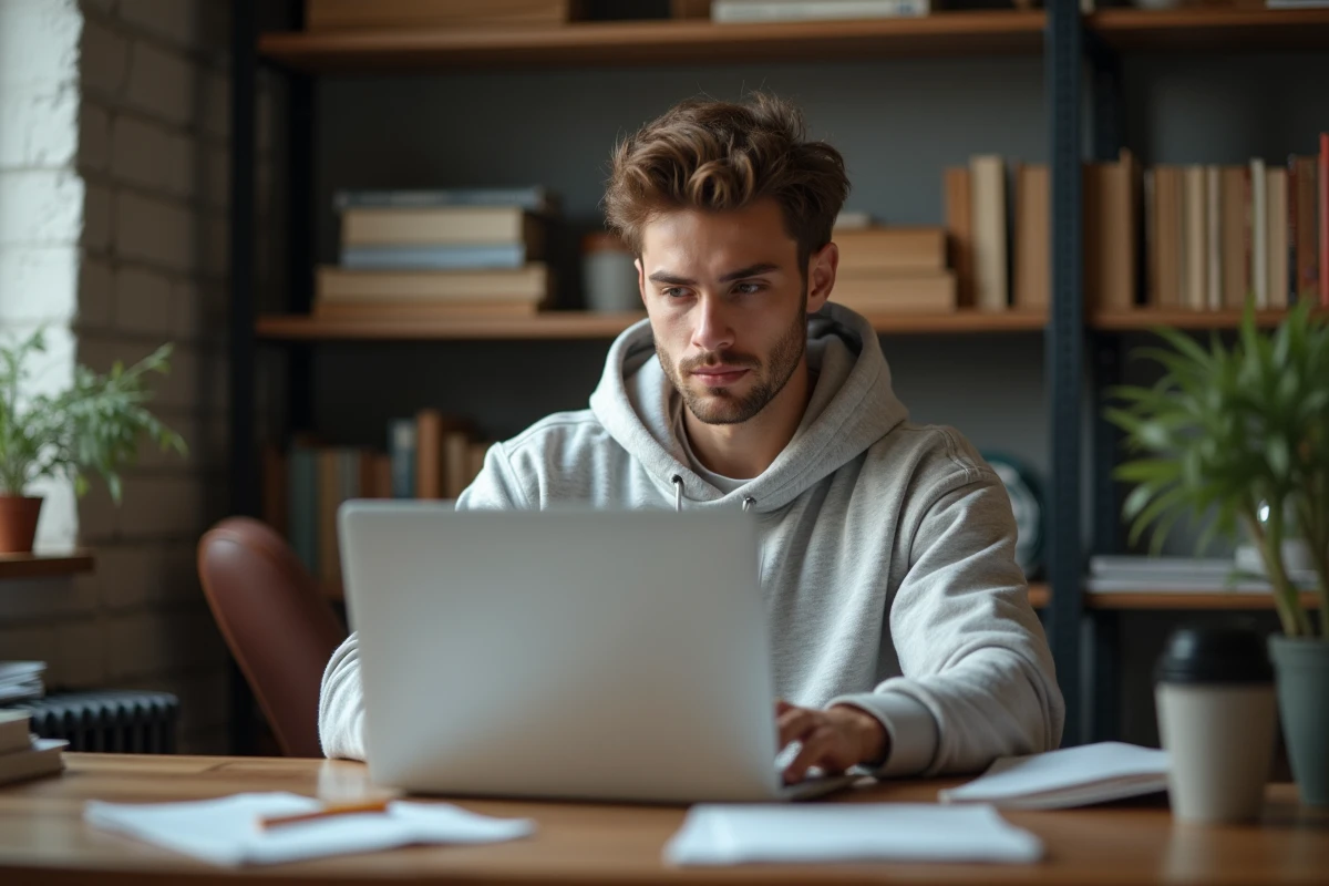 Jeune homme pensif dans un bureau moderne avec ordinateur