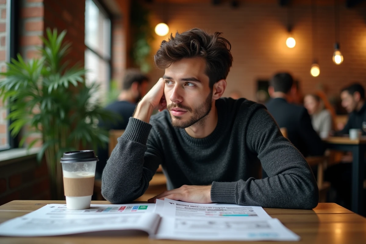 Jeune homme lisant des rapports de trafic dans un café urbain