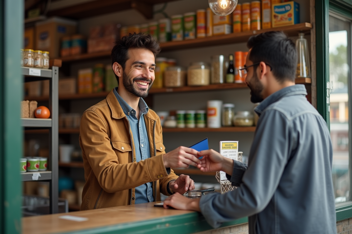 Jeune homme souriant payant en boutique de quartier