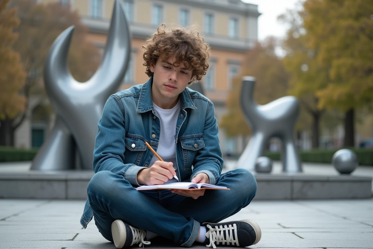 Jeune homme dessinant dans un parc sculpture moderne