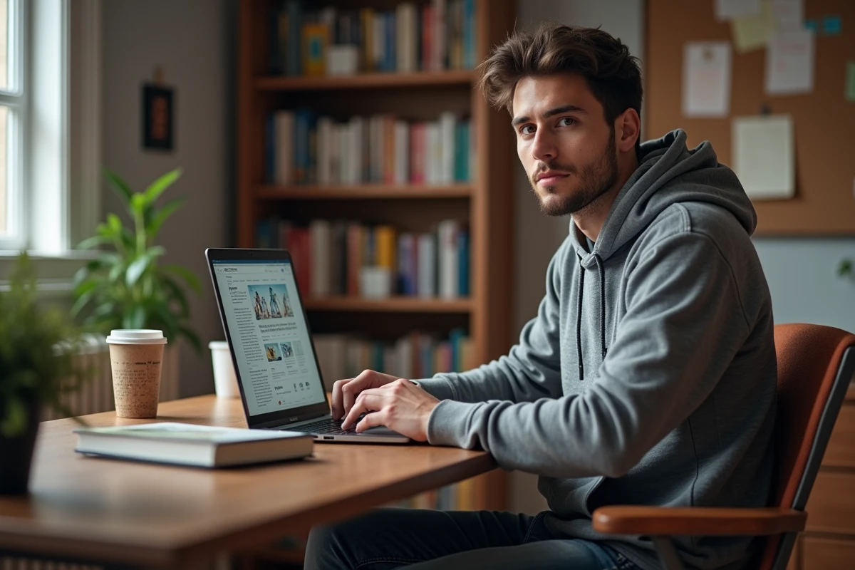 Jeune homme concentré lisant manga sur son bureau cosy