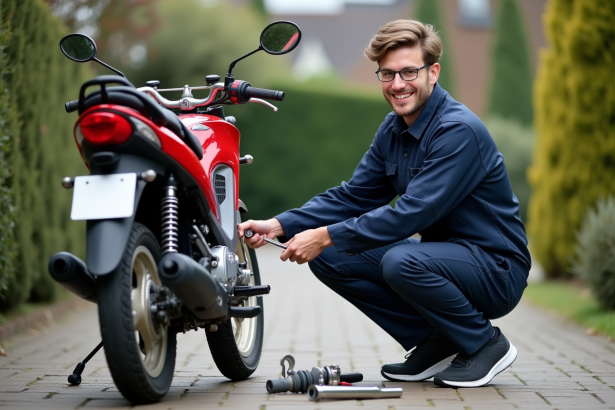 Jeune homme en bleu répare une Honda Dax dans le jardin