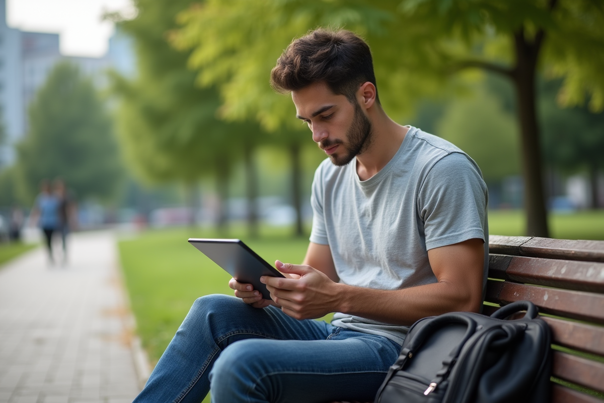 Jeune homme utilisant une tablette dans un parc urbain
