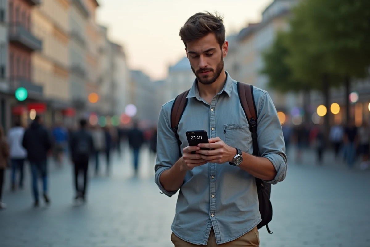Jeune homme regardant son smartphone en ville