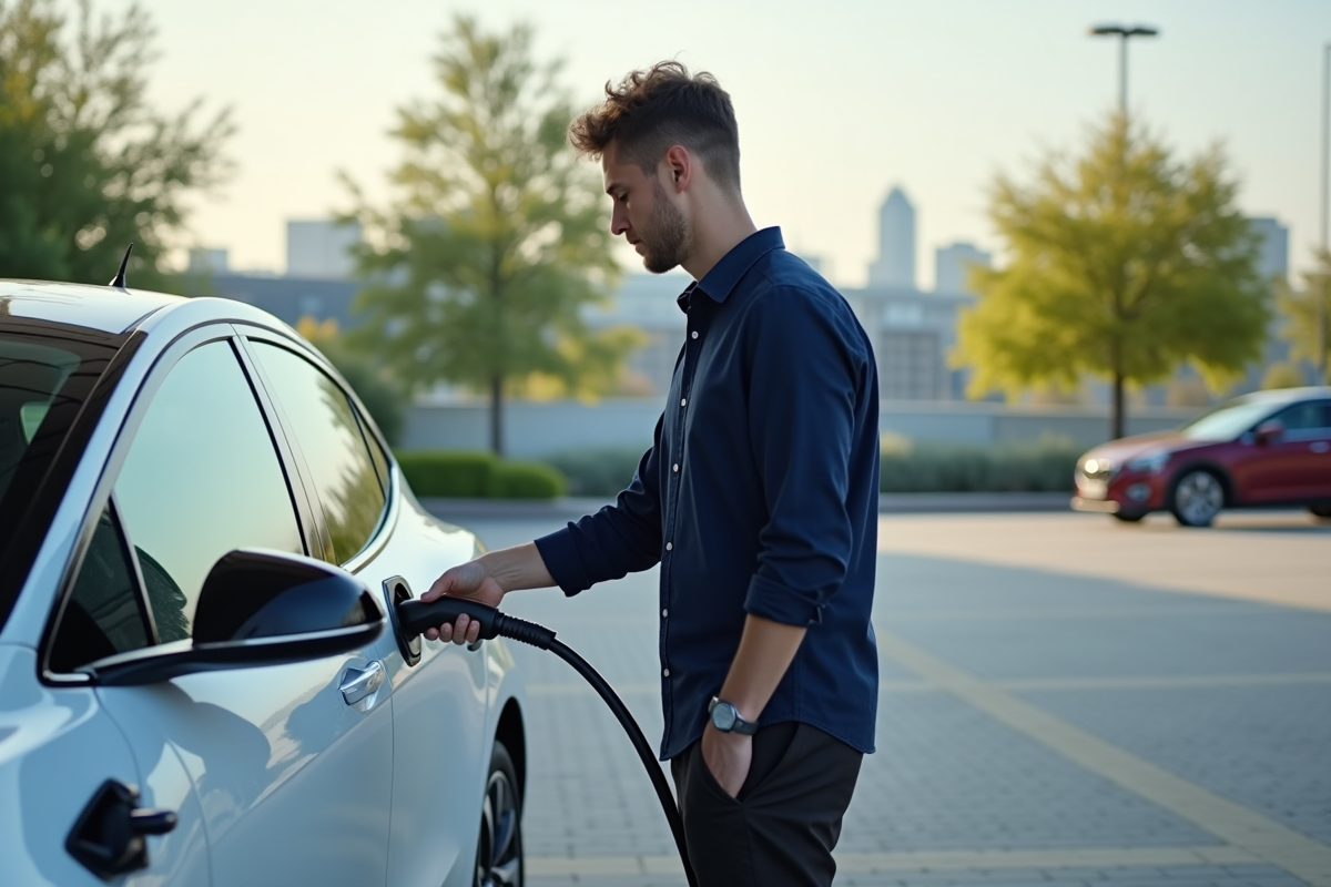 Jeune homme branchant une voiture électrique dans un parking urbain