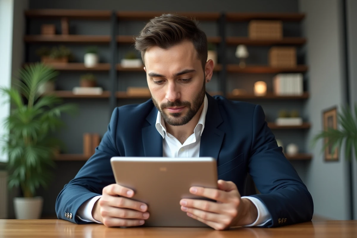Jeune homme en costume navy compare deux tablettes au bureau