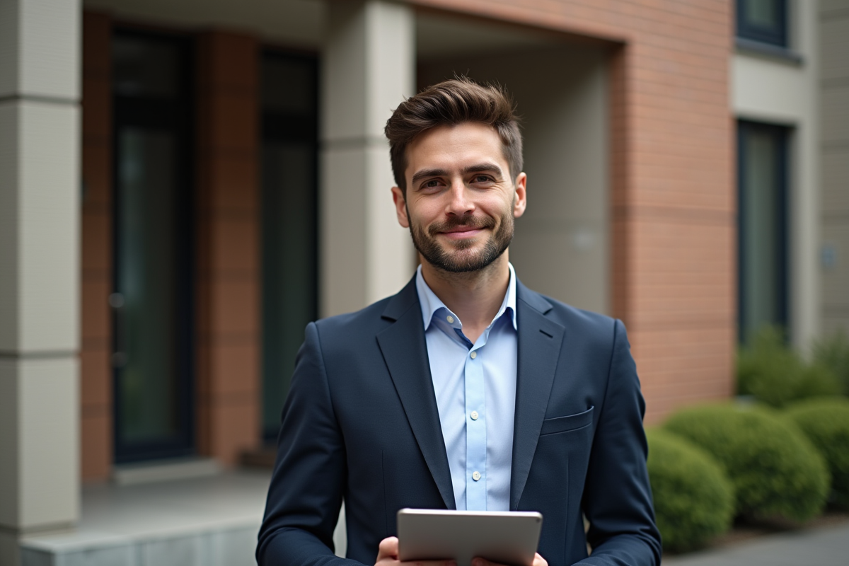 Jeune professionnel urbain avec tablette devant immeuble