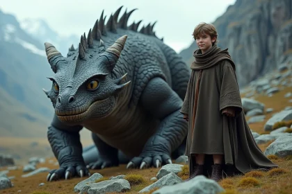 Jeune sorcier avec dragon dans une vallée rocheuse