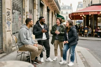 Groupe de jeunes amis aux origines diverses discutant animement en terrasse de café dans un quartier parisien populaire