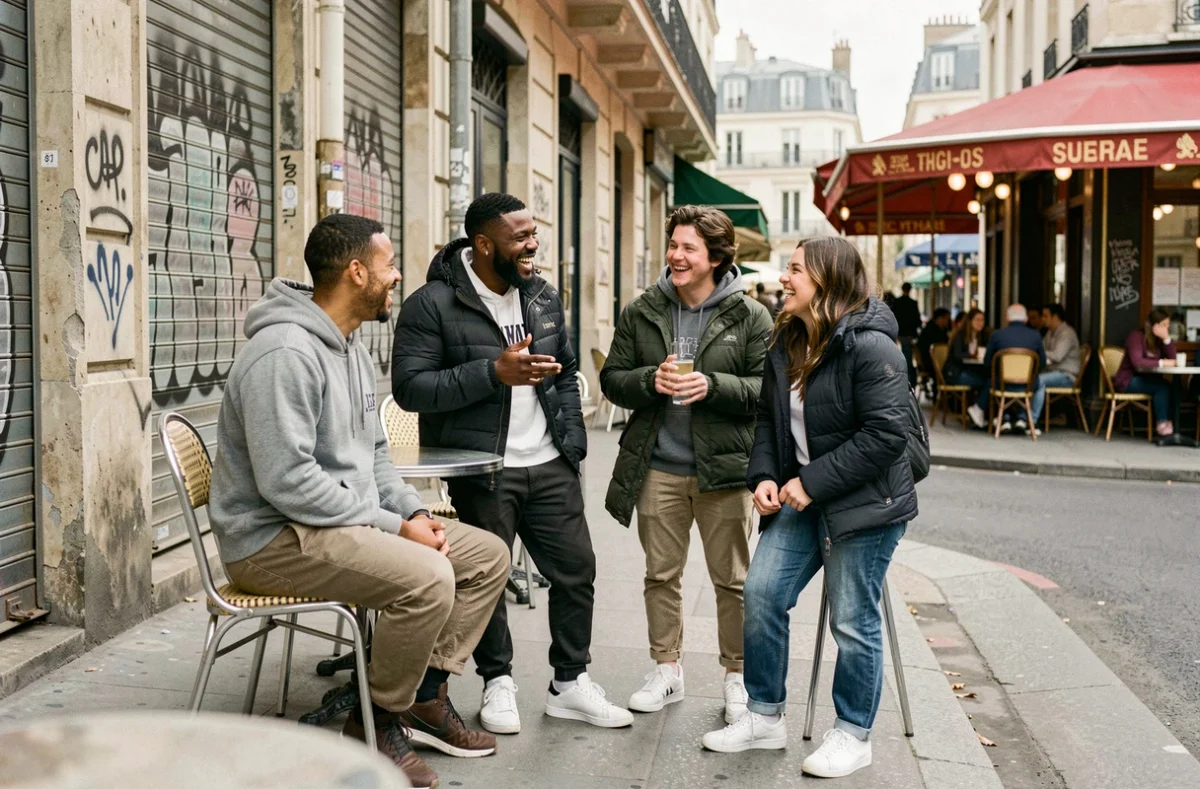 Groupe de jeunes amis aux origines diverses discutant animement en terrasse de café dans un quartier parisien populaire