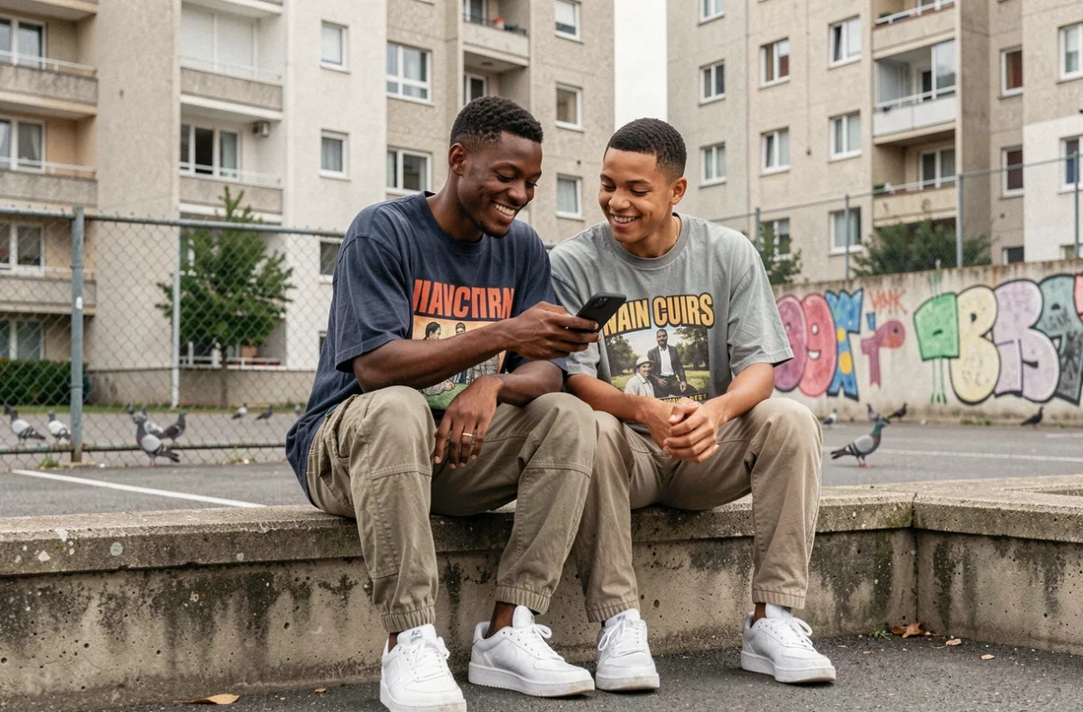 Deux jeunes hommes noirs consultant un smartphone ensemble dans une cour de cité en banlieue parisienne