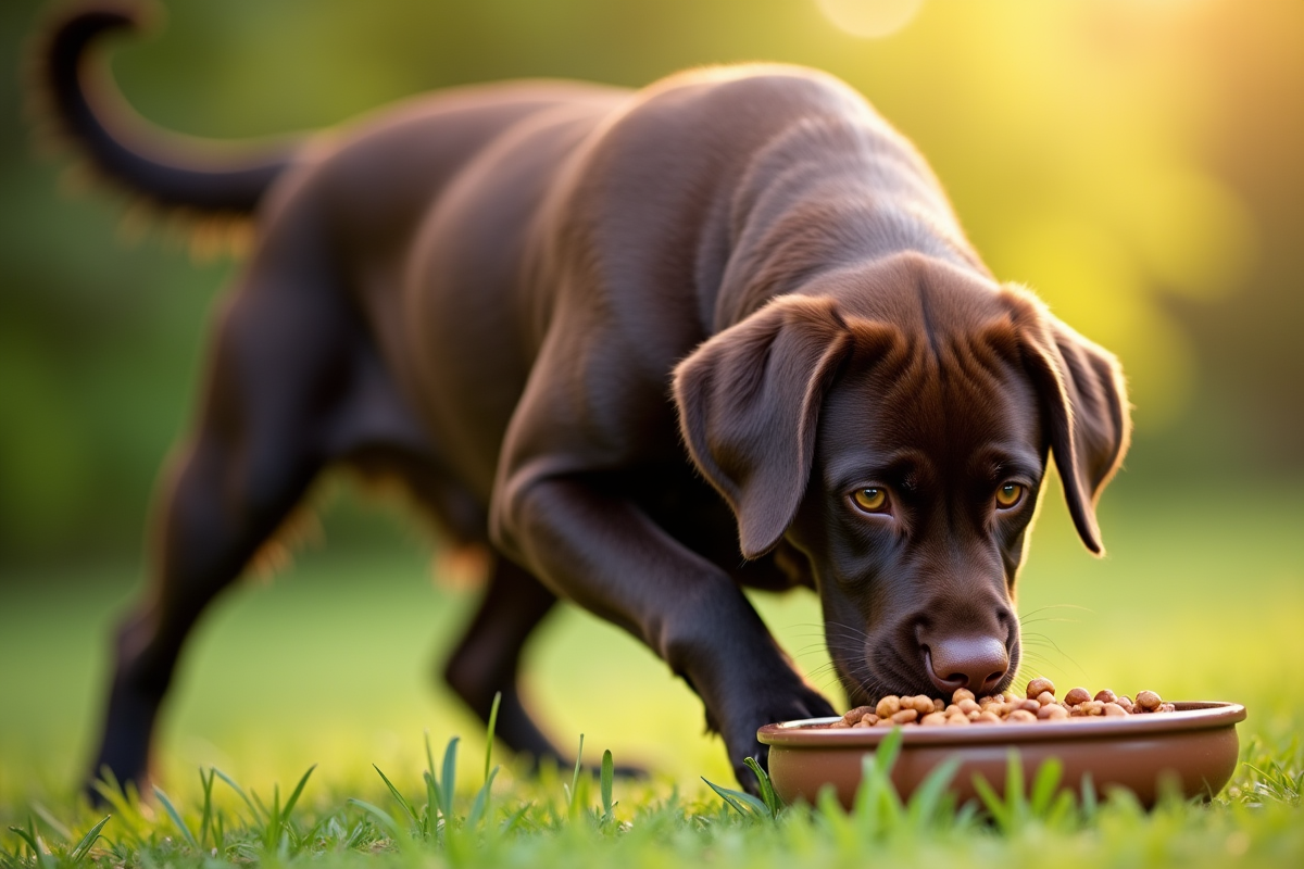 Labrador chocolat mangeant dans un jardin en plein soleil